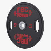 MBC ウレタングリッププレート 25kgを正面から撮影。ブラックボディにレッド表記を採用し、最大重量モデルの厚みとグリップホール配置が分かる構図。