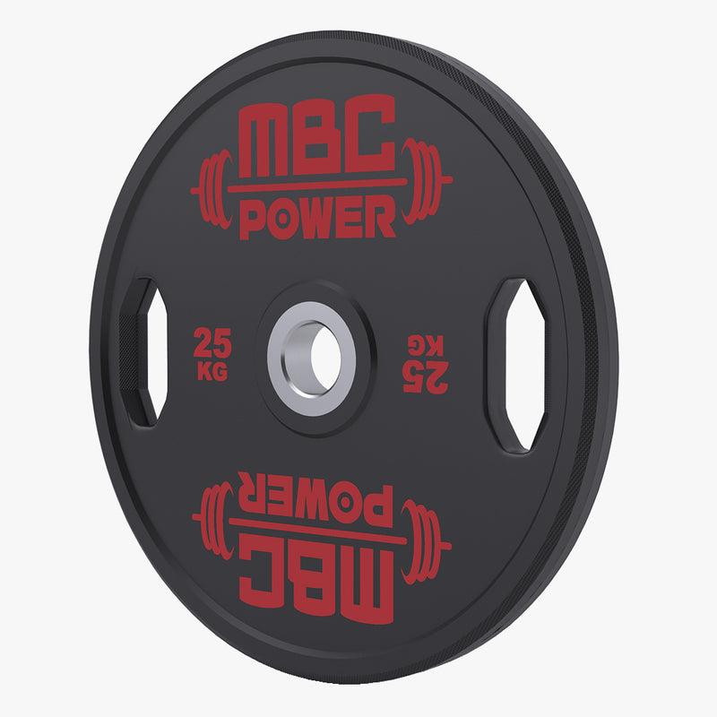 MBC ウレタングリッププレート 25kgを正面から撮影。ブラックボディにレッド表記を採用し、最大重量モデルの厚みとグリップホール配置が分かる構図。