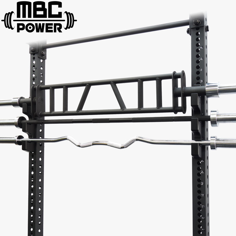 MBC オリジナルラック ガンラックバーベルストレージ ブラック 正面視点でラック装着状態と複数本収納時の全体構造を示すラックアクセサリー