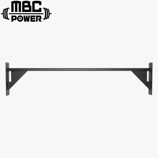 ブラック仕上げのMBC オリジナルラック 155cm プロ プルアップバーを正面水平視点で捉えた全体構造、ワイド幅ストレートバーと補強ブラケット付き取付プレート形状が分かるラック用懸垂バー
