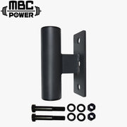 MBC オリジナルラック 支柱設置型バーベルストレージ ブラック 正面視点でスリーブ受け部と取付プレート、付属ボルト一式を示す構成内容