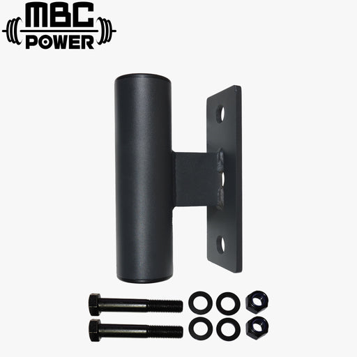 MBC オリジナルラック 支柱設置型バーベルストレージ ブラック 正面視点でスリーブ受け部と取付プレート、付属ボルト一式を示す構成内容