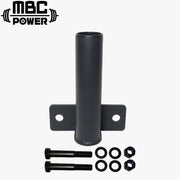 MBC オリジナルラック 土台設置型バーベルストレージ ブラック 正面視点で縦型スリーブホルダーとベース固定プレート、付属ボルト類を示す構成内容