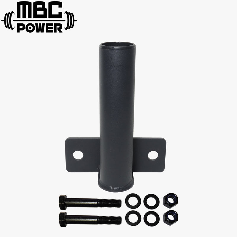 MBC オリジナルラック 土台設置型バーベルストレージ ブラック 正面視点で縦型スリーブホルダーとベース固定プレート、付属ボルト類を示す構成内容