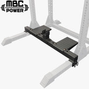 MBC オリジナルラック ベンチプロップ ラックベースに装着した状態を斜め上から捉えた視点 滑り止めプレートと中央ストッパー構造が分かる全体構成