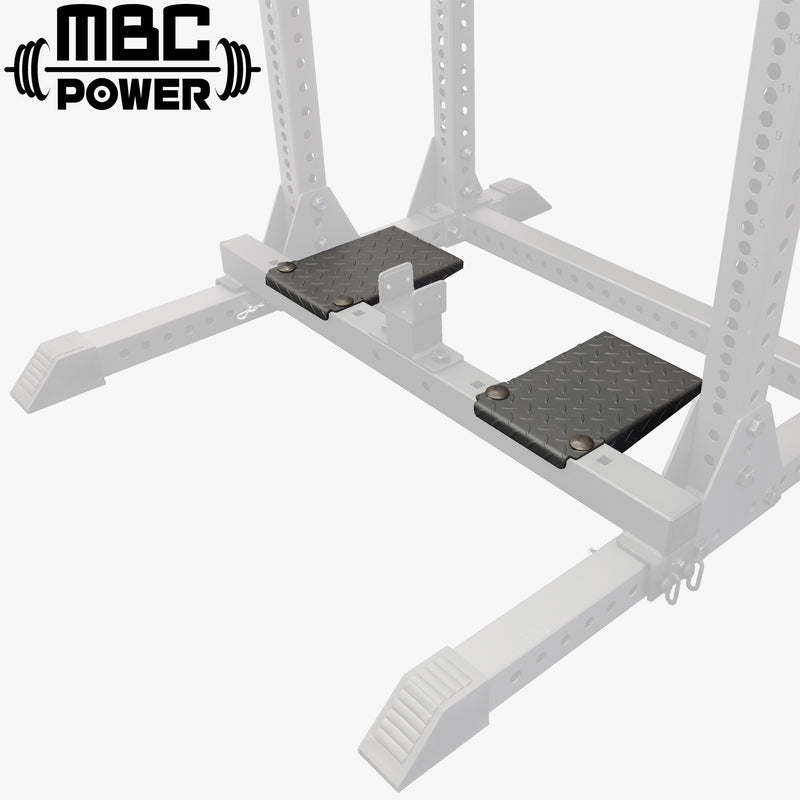 MBC オリジナルラック ベンチプロップ 足台を強調した斜め上視点 ストッパー部と足台の位置関係が分かる構造説明カット