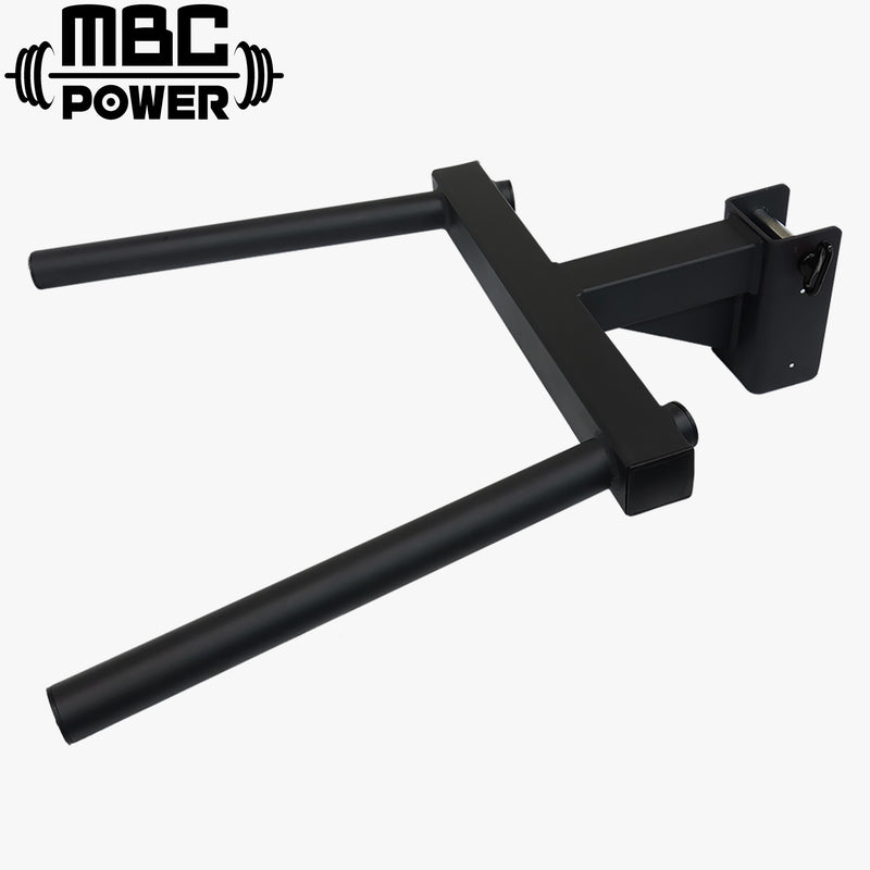 MBC オリジナルラック ディップハンドルアタッチメント ブラックを斜め上から捉えた全体ビュー、左右独立ハンドルとラック固定部プレート形状が分かる構図