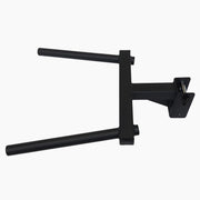 MBC オリジナルラック ディップハンドルアタッチメント ブラックを側面から捉えた寸法表示付きビュー、ハンドル長64cmと支柱間46cm、固定部インサート構造が分かる構図