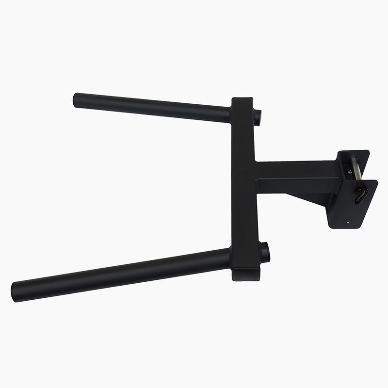 MBC オリジナルラック ディップハンドルアタッチメント ブラックを側面から捉えた寸法表示付きビュー、ハンドル長64cmと支柱間46cm、固定部インサート構造が分かる構図