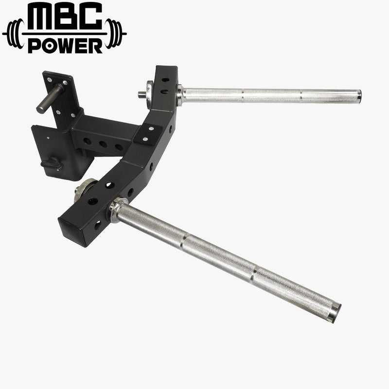 MBC オリジナルラック ディップハンドルアタッチメント 2.0 ブラック×シルバーを斜め上から捉えた全体ビュー、角度調整式アームとローレット加工ハンドルが分かる構図