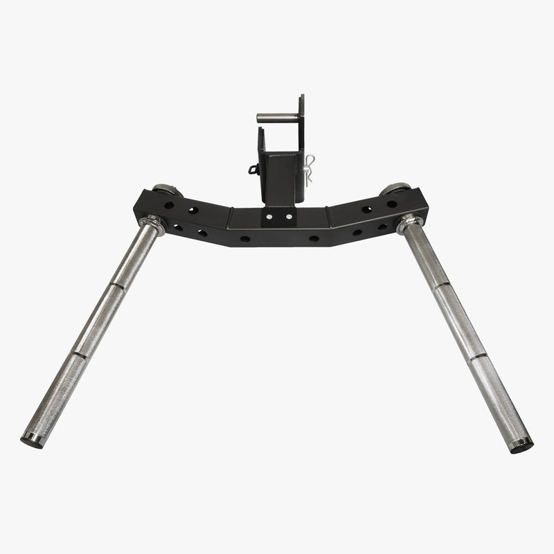 MBC オリジナルラック ディップハンドルアタッチメント 2.0 ブラック×シルバーを正面から捉えた全体ビュー、左右対称の可動アームと多段階調整穴が分かる構図