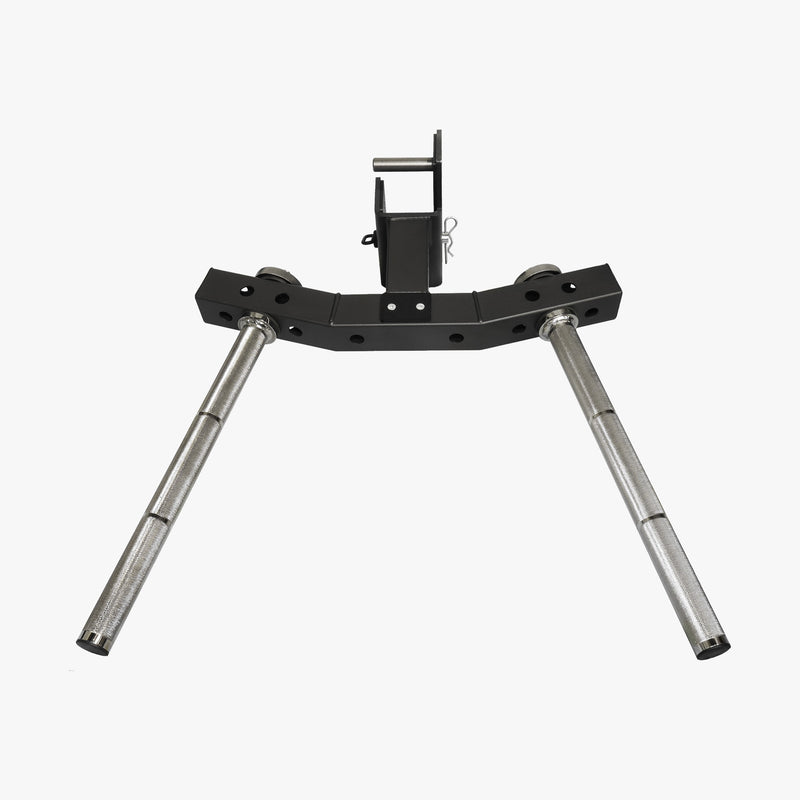 MBC オリジナルラック ディップハンドルアタッチメント 2.0 ブラック×シルバーを正面やや下から見た構図、湾曲フレームとローレットグリップの角度差が分かるビュー