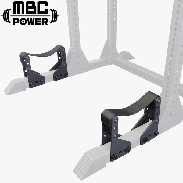 MBCオリジナルラック デッドリフト静音アタッチメント 設置状態を斜め上から捉えた視点 ラックベースへの装着位置と静音ストラップ形状が分かる構成