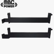 MBC オリジナルラック フリップダウンセーフティ ブラック 正面視点で左右ペア本体と可動式フック部、支柱固定ブラケットを示すラックアクセサリー構成
