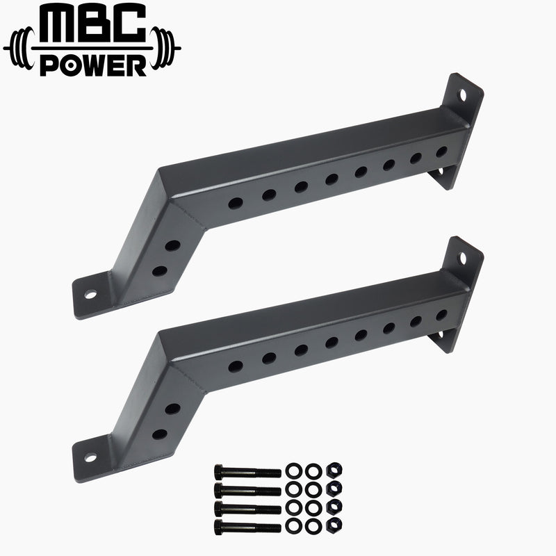 MBC オリジナルラック フロントフット（ペア）ブラックカラー 斜め上から捉えた視点で左右パーツと付属ボルト類を配置し取付穴位置と形状が分かる全体構成