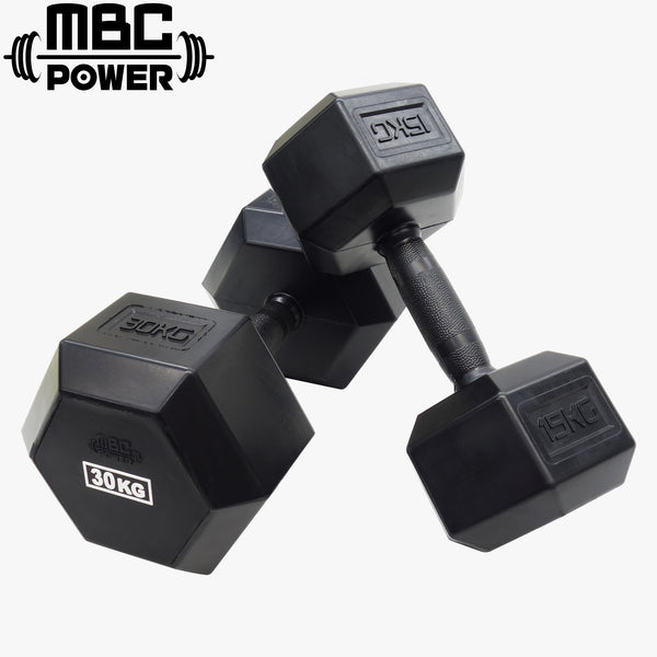 MBC フルラバーコーテッドヘックスダンベル2.0 ブラック ダンベル2本を斜め上から配置した構図、六角形ヘッドとローレット加工グリップ、重量刻印が確認できる視点