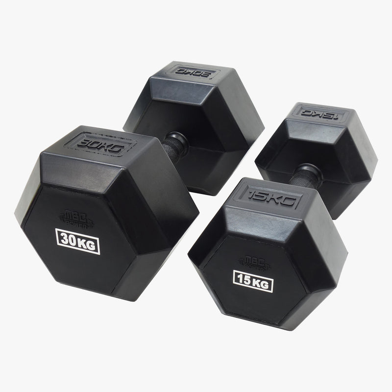 MBC フルラバーコーテッドヘックスダンベル2.0 ブラック 複数重量のダンベルを俯瞰気味に配置、30kgと15kgの刻印や六角形ヘッド形状、グリップ仕様が分かる構図