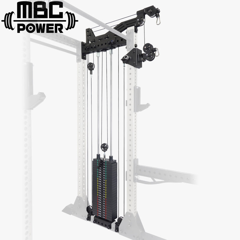 MBC オリジナルラック ファンクショナルトレーナー ブラックカラーをラック側面に装着した斜め前方視点、ウェイトスタックとケーブル・プーリー構造が分かる全体構成