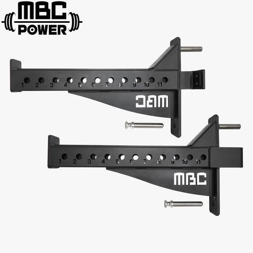 MBC オリジナルラック ヘビーデューティーセーフティアーム マグネットピン ブラック 正面視点で左右ペア本体とホール番号刻印入りアーム全体を示す構成