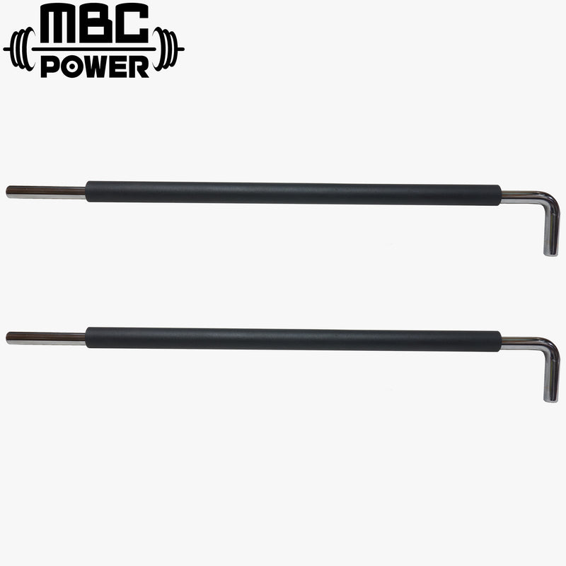 MBC オリジナルラック ピン＆パイプセーフティ ブラック 正面視点で左右ペアのパイプ部とL字ピン先端形状を示すラックアクセサリー構成