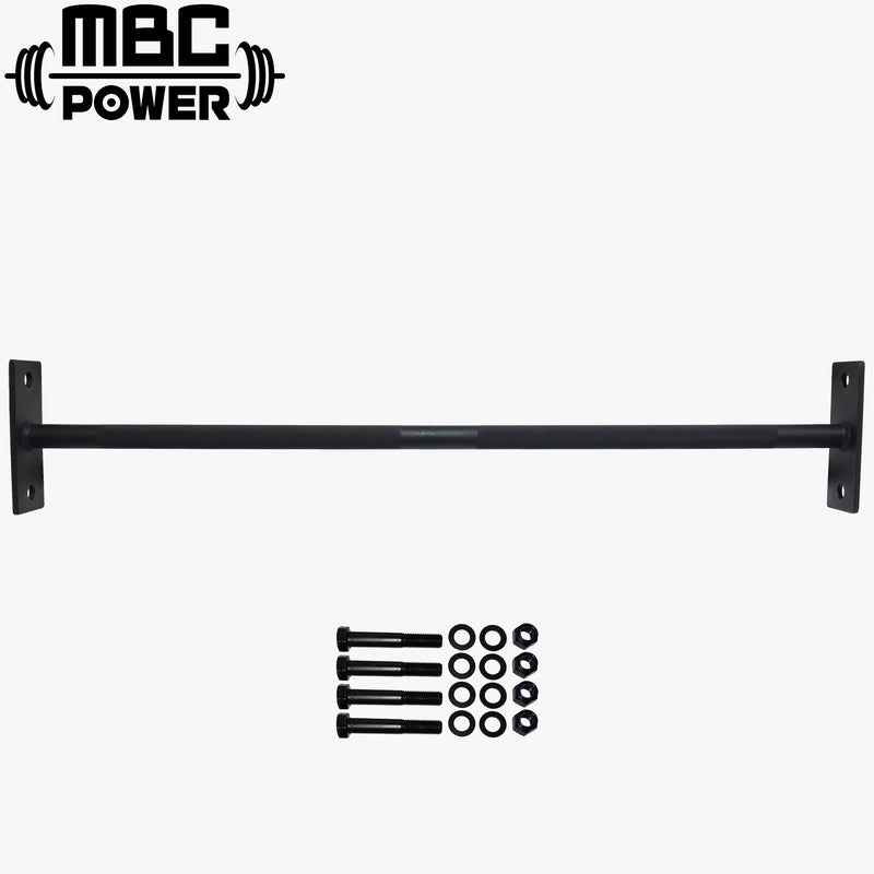 ブラック仕上げのMBC オリジナルラック 110cmシングルプルアップバーを正面水平視点で捉えた全体構成、ラック取付用プレート付きバー本体と付属ボルト・ワッシャー・ナット一式が並ぶラックアクセサリー構成品