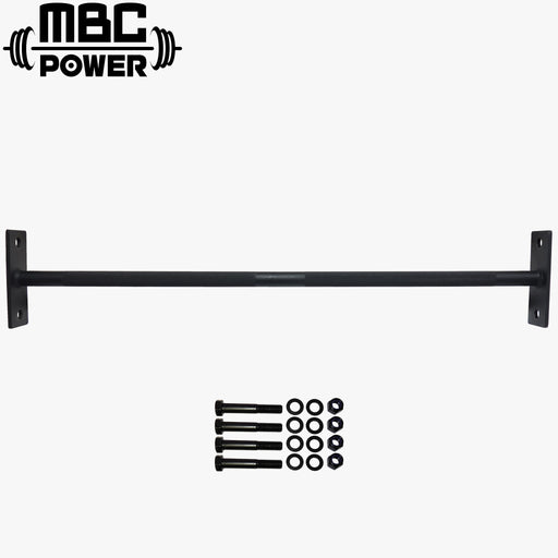 ブラック仕上げのMBC オリジナルラック 110cmシングルプルアップバーを正面水平視点で捉えた全体構成、ラック取付用プレート付きバー本体と付属ボルト・ワッシャー・ナット一式が並ぶラックアクセサリー構成品