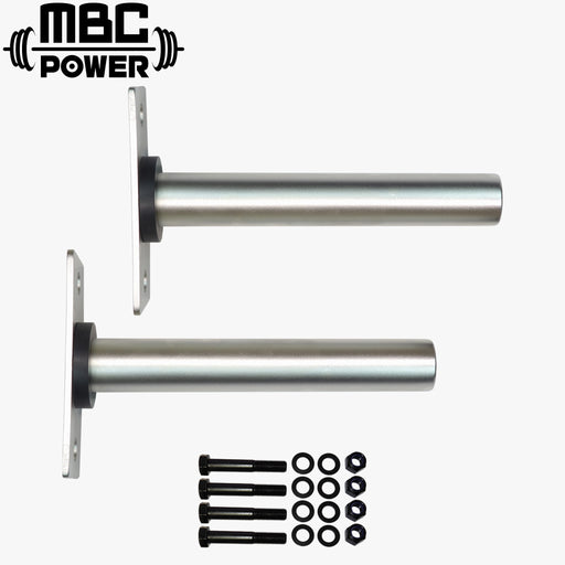 MBC オリジナルラック ステンレスプレートストレージ（ペア）ステンレス 正面水平アングルで左右2本と取付ボルト一式を並べた全体構成