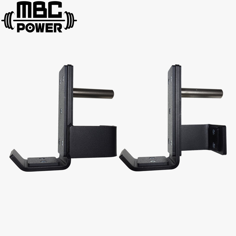MBC オリジナルラック スタンダードJ-カップ ブラック 正面視点で左右ペア本体とバーベル受け部、支柱固定ピンを示すラックアクセサリー構成