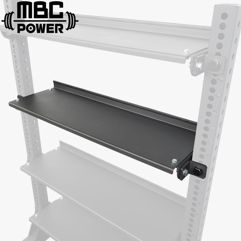 MBC オリジナルラック ストレージシェルフ ブラック 斜め前方視点でラック支柱に装着した棚板と固定ブラケット部を確認できる構造