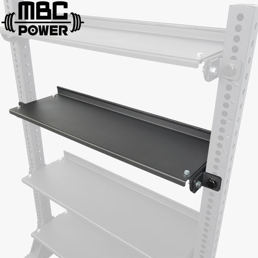 MBC オリジナルラック ストレージシェルフ ブラック 斜め前方視点でラック支柱に装着した棚板と固定ブラケット部を確認できる構造