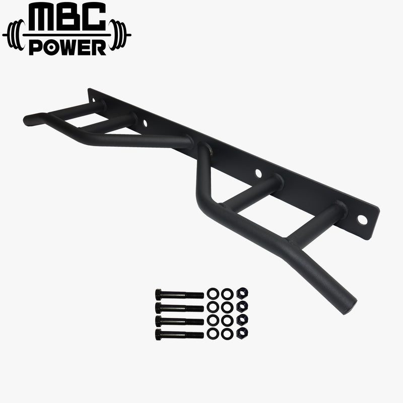 ブラックのMBC オリジナルラック トップマウントプルアップバーを正面水平視点で捉えた全体構造、角度付きデュアルグリップバーとラック上部取付プレート形状が分かる懸垂用ラックアクセサリー