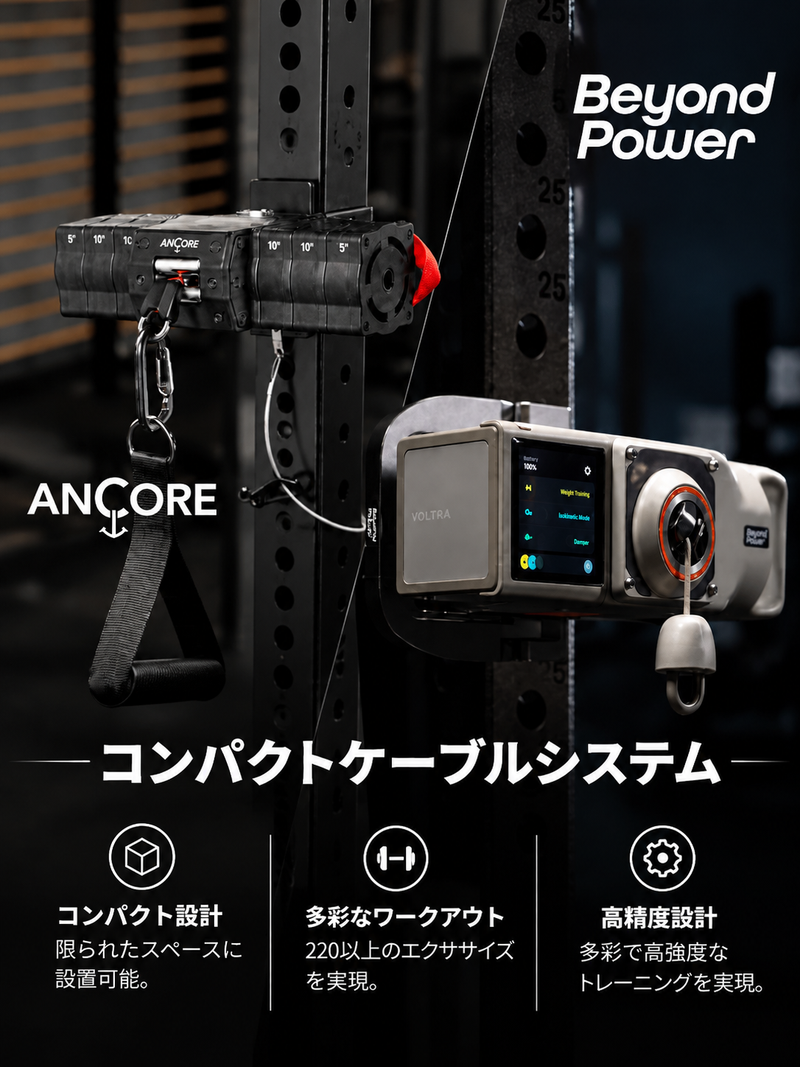 コンパクトケーブルシステム｜ラックに取り付けたANCOREとBeyond Power VOLTRAのケーブルトレーニング機器。省スペース設計で多彩なエクササイズに対応する製品を紹介したバナー。