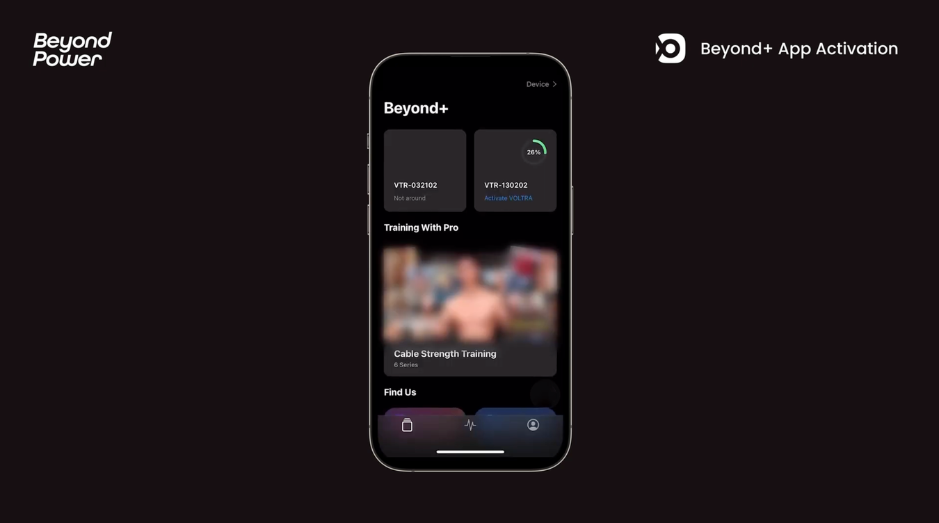 Beyond+アプリのホーム画面でVOLTRA Iのアクティベーションを行う様子を表示したスマートフォン画面の接写